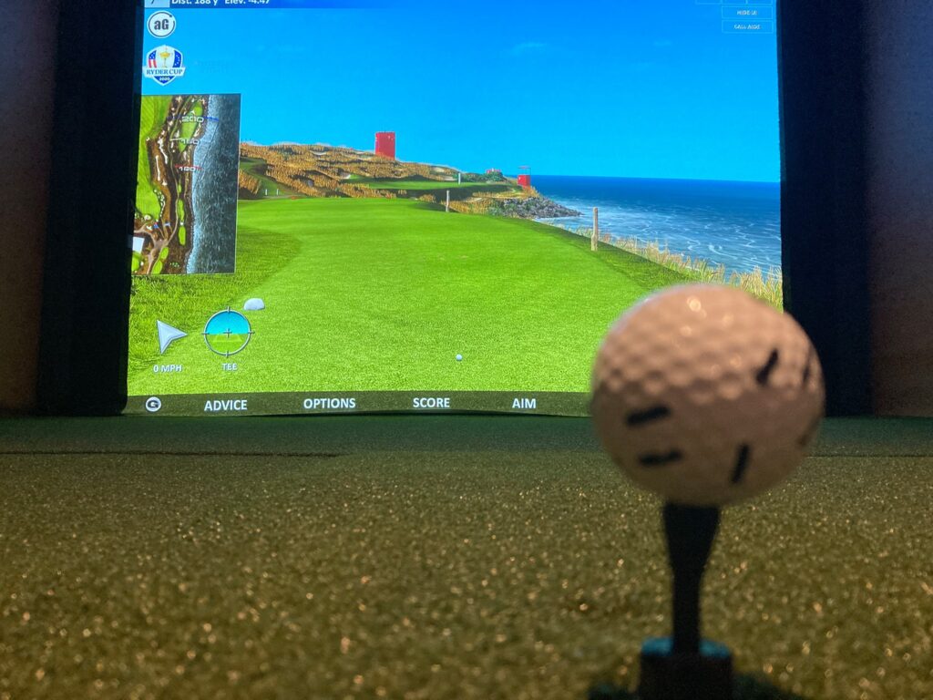 A closup of a golf ball on a tee infront of a golf course on a golf simulator